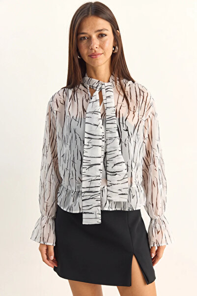 Şeker Portakalım Women's Drawstring Sleeve Detailed Tie-Collar Patterned Chif...