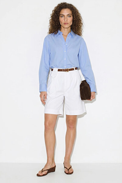 Efnaz style Women's High Waist Pleated Detailed Belted Bermuda White Shorts