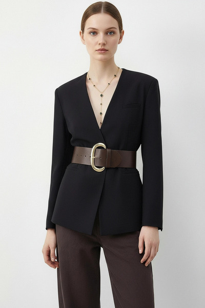 Efnaz style Women's Wide Belted Double-Breasted Collar Lined Black Jacket