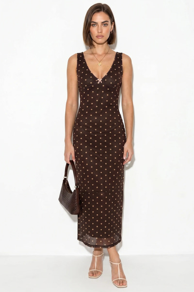 Efnaz style Women's V-Neck Lined Polka Dot Tulle Maxi Brown Dress