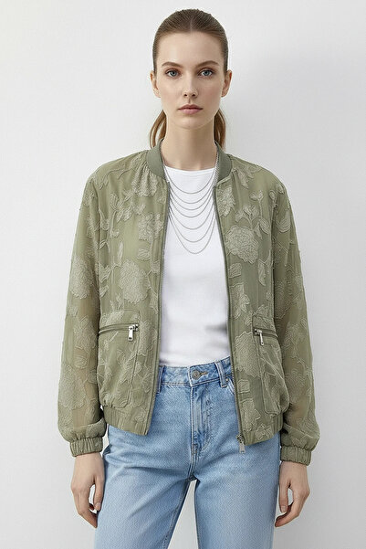 Efnaz style Women's Zippered Chiffon Printed Oversize Green Jacket