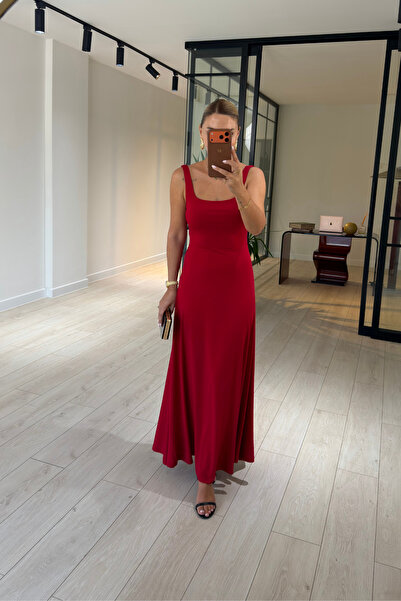 Sezgi Tekin Square Neckline Backless Red Sandy Dress
