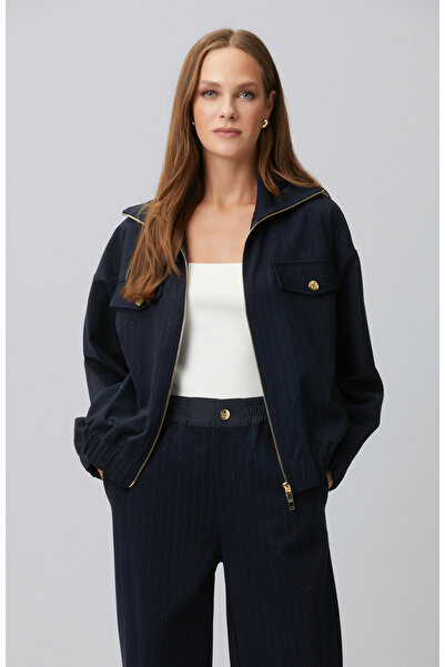 Network Lacivert Çizgili Simli Sweatshirt