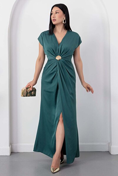 PULLIMM V-Neck Dress with Waist Buckle and Slit K-252618