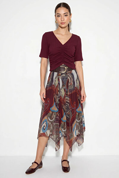 Efnaz style Women's Belt Detailed Patterned Lined Asymmetrical Chiffon Midi B...