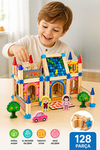 TUENGİ STORE 128 Pieces Wooden Building Blocks Educational Model House Set Mo...