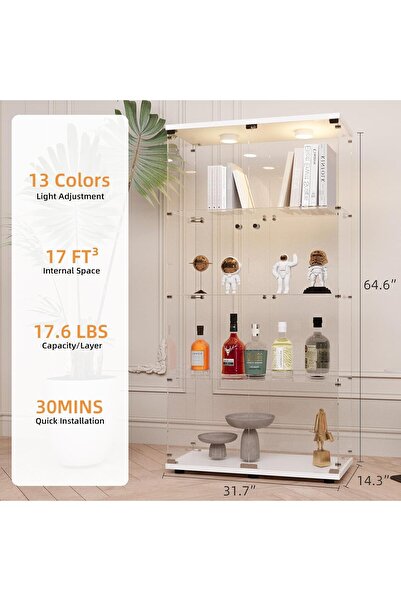 MODERN LFT HUIMEI2Y 4-Tier Glass Display Cabinet with LED&Lock, Display Case White | Double-Door Glass Showcase Lockable for Collectibles, Figures, and Decor; Curio Cabinet for Living Room, Bedroom, Office