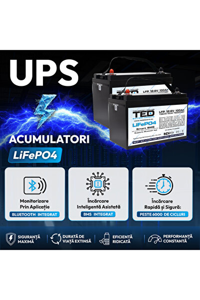 TED Electric Pachet UPS 2500VA/1800W Runtime Extins cu 2x Acumulatori Externi LiFePO4 12V 100Ah, până la 6.000 de Cicluri, BMS Inteligent, Monitorizare Bluetooth, Undă Sinusoidală Pură și 2 Prize Schuko