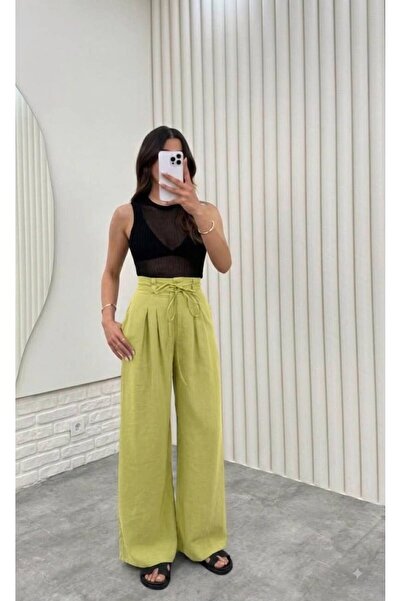 MAESTRO WOMAN Pantaloni de damă verde deschis din tensel cu șireturi