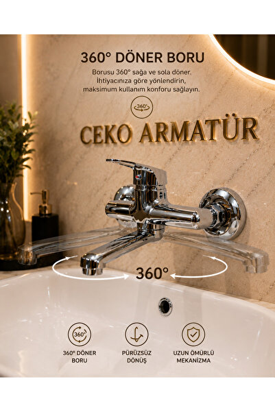 CEKO ARMATÜR Duvardan Aplike Alttan Borulu Lavabo Bataryası – 360° Döner Borulu Premium Krom Duvar Tipi Musluk
