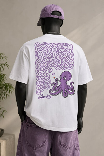 ZAVIXO Purple Octopus Printed Oversize Unisex T-Shirt Wave Pattern Big Back G...