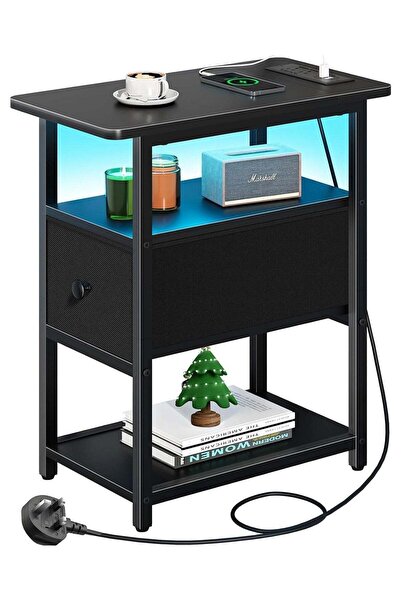 Generic Yanara Narrow Side Table with LED Lights & Charging Station, 3-Tier E...