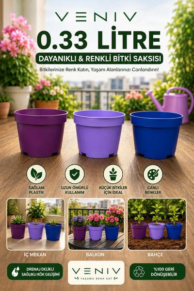 VENİV 3’LÜ 0.33 LİTRE RENKLİ BİTKİ SAKSISI SETİ