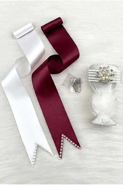 ZEYMERADE Jewelry Ribbon Set, White Brooch Pin, Burgundy White Pearl Bridal G...
