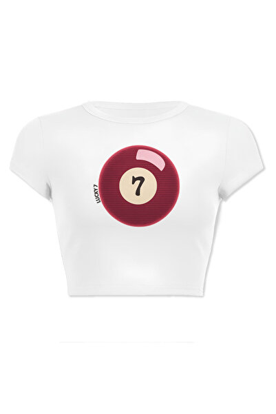 designedfy Kadın Beyaz Lucky 7 Baskılı Crop Tişört Baby Tee