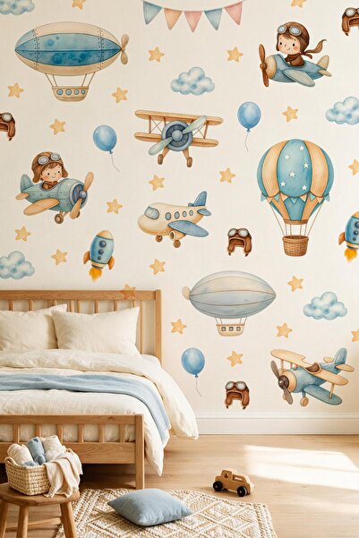 MSticker Children's Room Wall Sticker 103 Pieces Airplane Pilot Balloon Aviat...