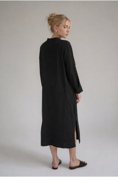 Cassime Women's Black Long Hakim Collar Muslin 100% Cotton Oversize Dress - Without Belt