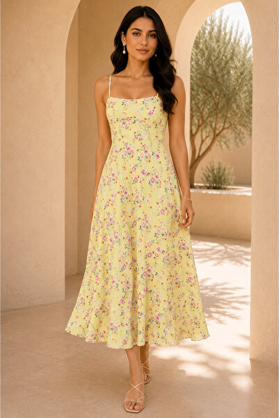 1434 Polo State Women's Thin Strap Floral Patterned Midi Dress - Pastel Yellow