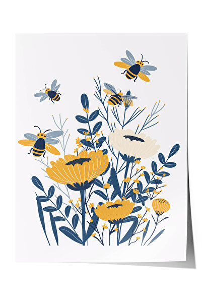 Zestia Poster Premium Artă Botanică, Ilustrație cu albine și flori, Nr.: 20476