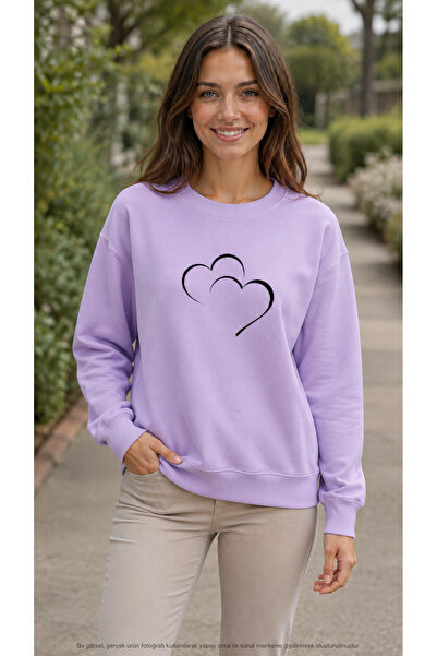 caddekombin Women's Double Heart Printed Round Neck Long Sleeve Sweatshirt