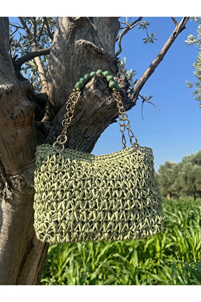 MED BAG Milos El Örgüsü Kağıt İp Kadın Omuz Çantası - Boncuk ve Zincir Detaylı Şık Yazlık Çanta (Yeşil)