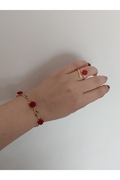 bijoux uniques gül detaylı çelik set