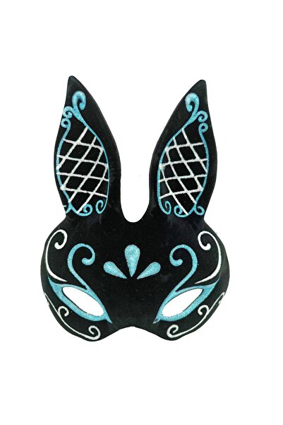 pınaxar Black Color Blue White Glittery Black Suede Coated Rabbit Mask 18X16 cm