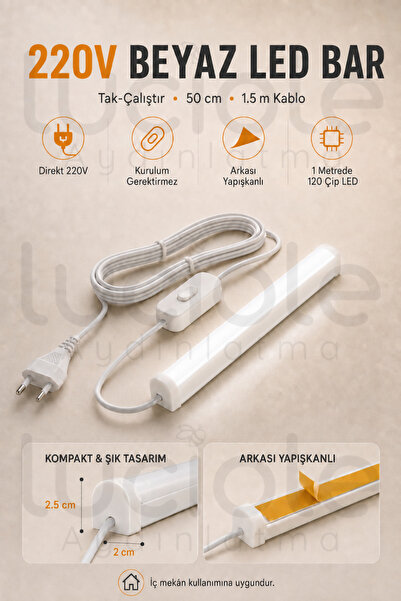 luciole 220V Beyaz LED Bar 50 cm Fişli Anahtarlı Yapışkanlı Tezgah Altı Dolap...