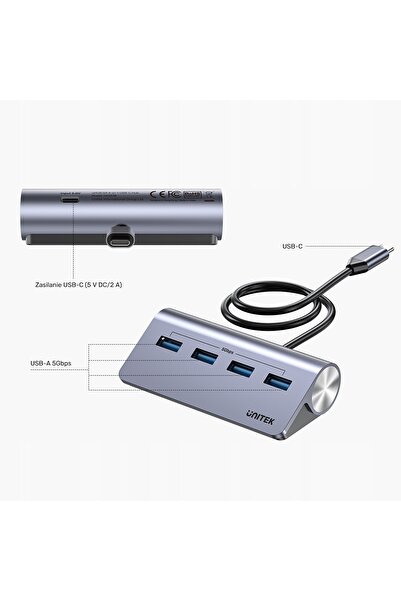 Unitek Adaptor ergonomic hub USB-C |   4x USB-A |   5Gbps
