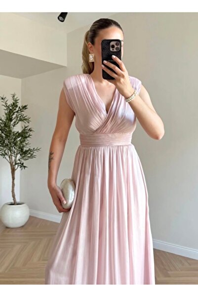 Dilek Vardar Powder Pink Double-Breasted Collar Pleated Waist Draped Long Eve...