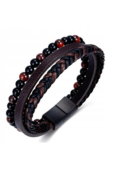 NO BRAND Brățară din piele maro cu pietre Tiger Eye