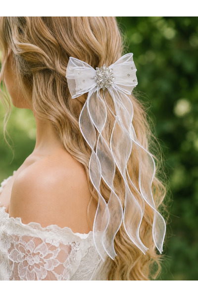stil+o aksesuar.com Women's White Pearls and Beaded Stones Organza Tulle Bow ...