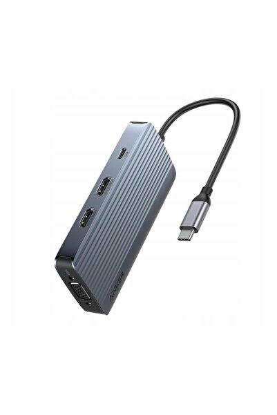 Anker Hub 8 în 1, 1x USB-C PD-IN, 3x USB-A, 2x HDMI, 1x VGA, Pasiv, Gri