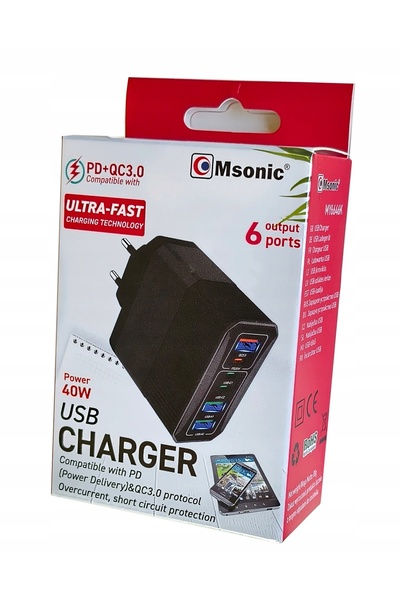NO BRAND Încărcător de rețea Msonic MY6646K PD/QC 3.0 cu 3 porturi USB-C și 3...