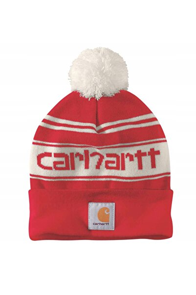 Carhartt Căciulă tricotată cu pompon, roșie, de iarnă, albă