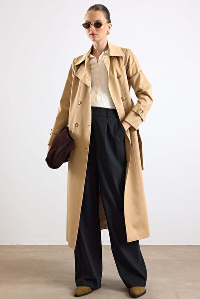 Olcay Shirt Collar Double-Breasted Water-Repellent Trench Coat Kamel 6819