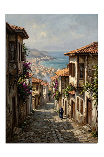 Artmeg Pânză decorativă pentru oraș cu vedere la mare, Strada Stone - Masă di...