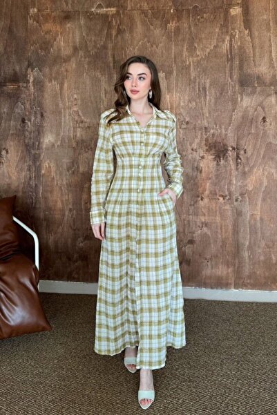 Elbee Fashion Woman Κίτρινο Πλισέ Καρό Φόρεμα