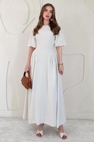 Generic Brand Beige Balloon Sleeve Detailed Back Tie Dress