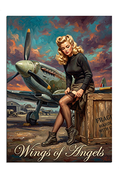 Artmeg Pin-Up Woman Next to the Airplane Decorative Canvas - Mdf Wood Painting