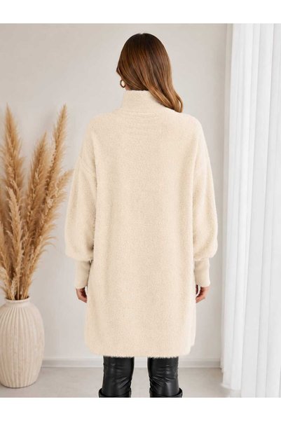 BELLA VESTE ATELİER Women's Khaki Stand Collar Button Detailed Soft Textured Plush Knitwear Long Cardigan/Tunic