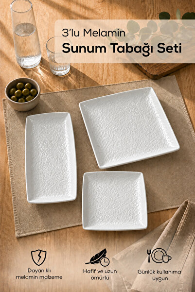 Vienev 3 Adet Melamin Sunum Tabağı Seti, Sunum Tabağı,Servis Tabağı-Desenli Kırılmaz Servis Tabağı- Beyaz