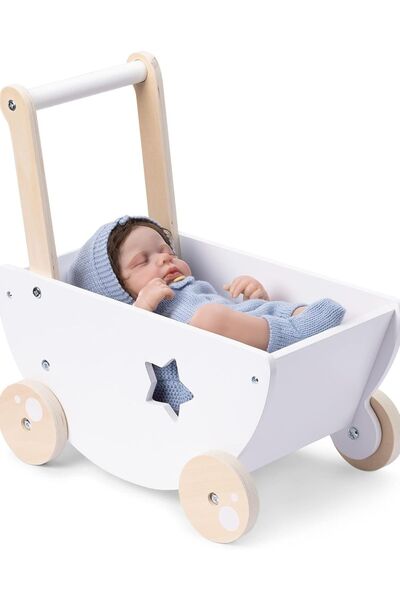 Navaris Wooden Doll Pram - Σετ Παιδικό Ξύλινο Καροτσάκι με Κουβέρτα και Μαξιλ...