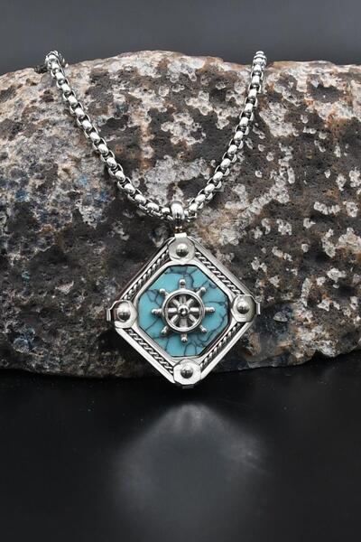 Prestige Rudder Figured Turquoise Stone Necklace Stainless Steel Chain 902907