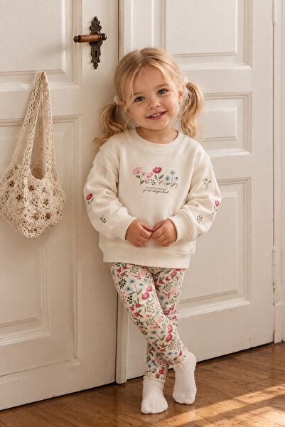 MONO Kız Bebek Çiçek Detaylı Tayt Sweatshirt 2’li Takım