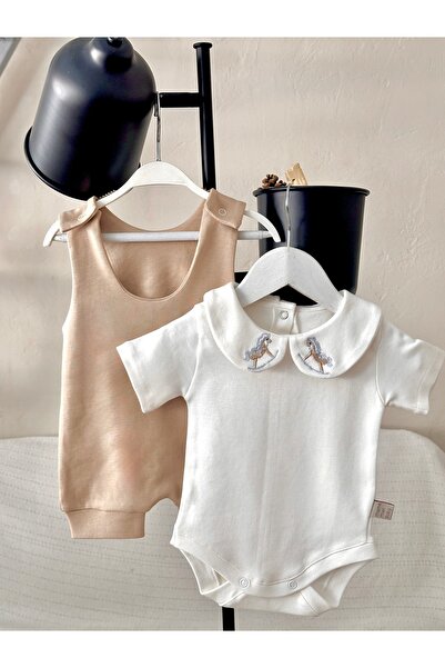 Mama Miel Baby Rocking Horse Embroidered Bodysuit and Milk Coffee Combed Cotton Baby Salopet Set 100% Cotton