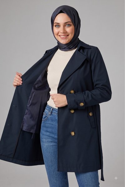 B.HE.Z Women's Degaje Collar Half-Length Hijab Lined Belted Water Repellent Fabric Trench Coat Navy Blue