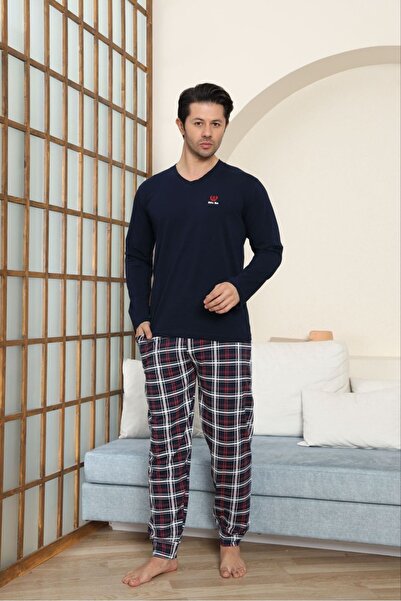 Ryam Mooda Men's 95% Cotton 5% Lycra V-Neck Long Sleeve Plaid Pajama Set