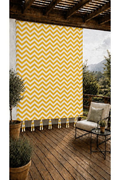 DEVRİM OLİVYA TEKSTİL Yellow and White Zigzag Outdoor Sunshade Wind-Resistant...
