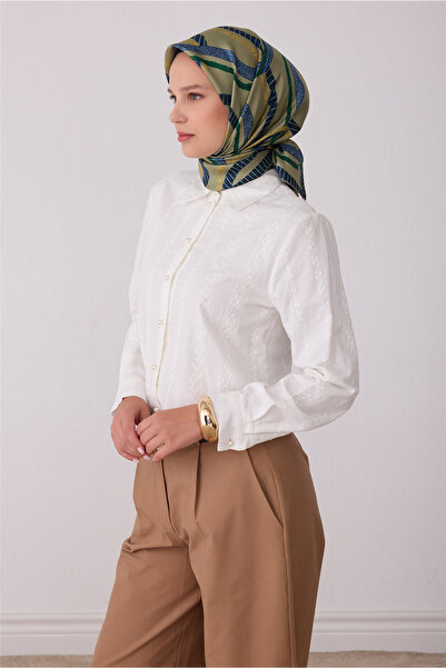 Belli Yeşil Geometrik Desen %100 Twill İpek Eşarp 4424-81